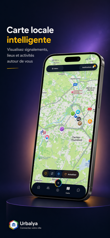 Écran carte locale Urbalya avec points d'intérêt et signalements
