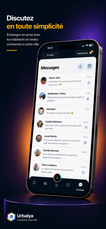 Écran messages Urbalya avec conversations entre utilisateurs